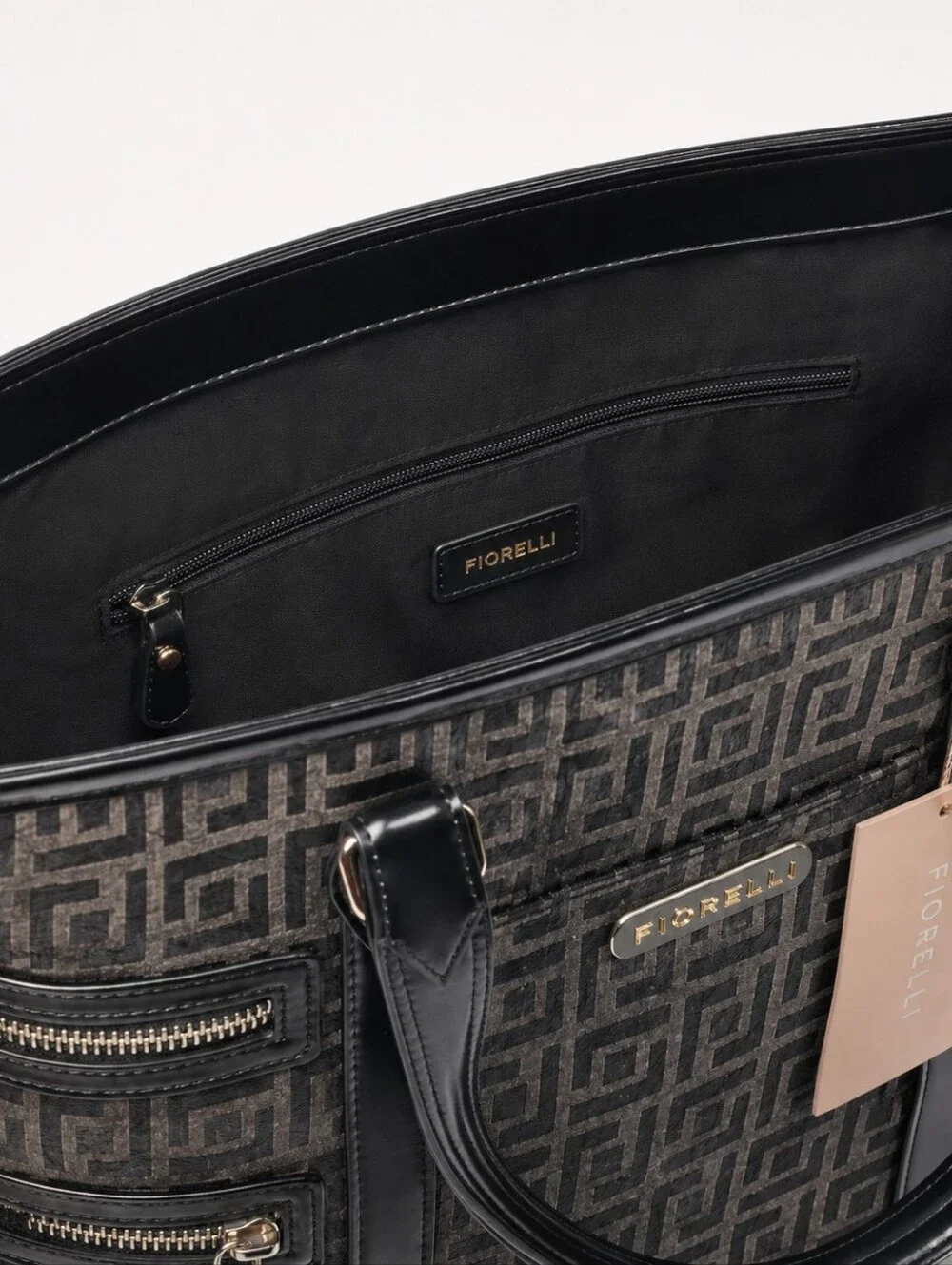 Fiorelli Black Taupe Geometric Multi Pocket Tote Bag NWT